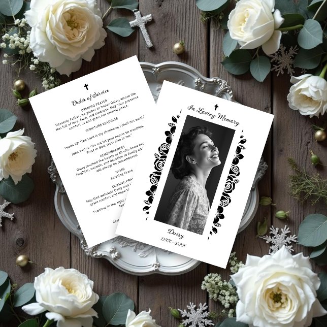 Minimalist Exquisite Floral Black & White Floral Programme (Exquisite Minimalist Floral Black & White Floral Garlands Funeral Programs.)