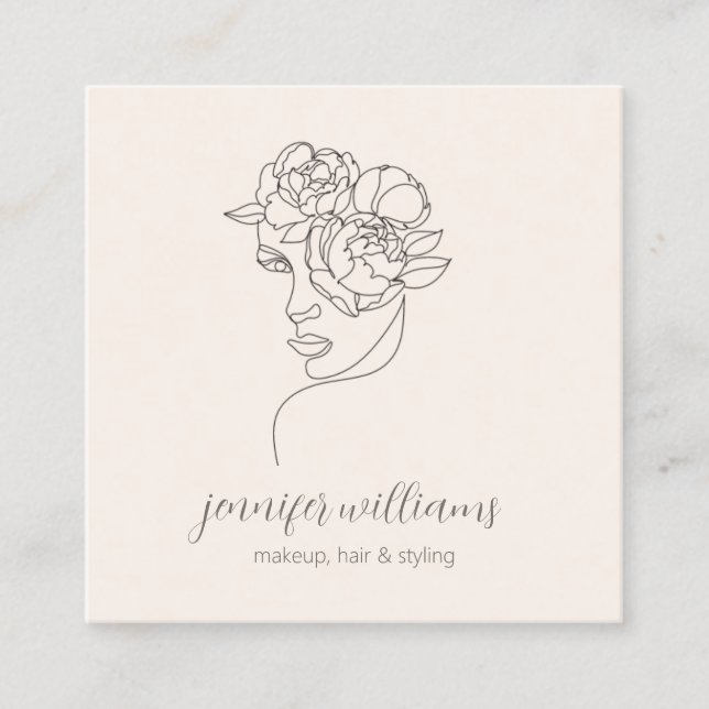 Minimalist Face Beauty Logo Makeup Artist Pink QR  Square Business Card (Front)