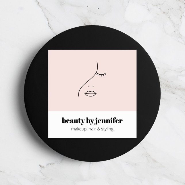 Minimalist Face Beauty Logo Makeup Artist Pink Square Business Card (Creator Uploaded)