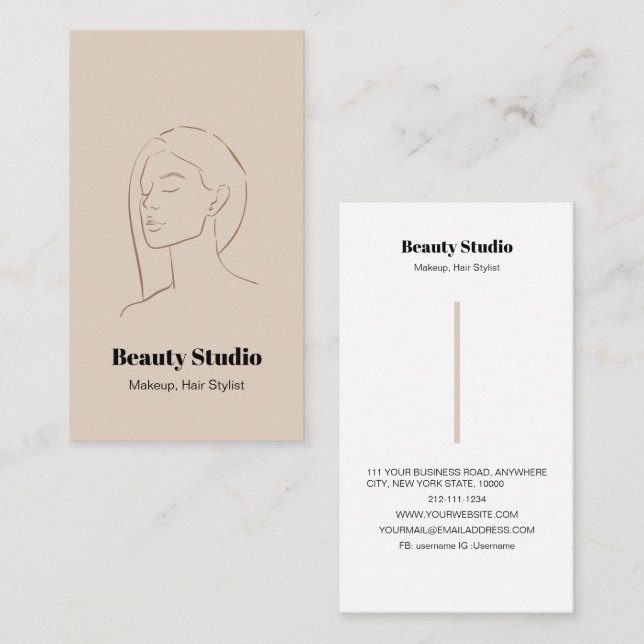 Minimalist Face Logo Hair Beauty Makeup Neutral Business Card (Front/Back)