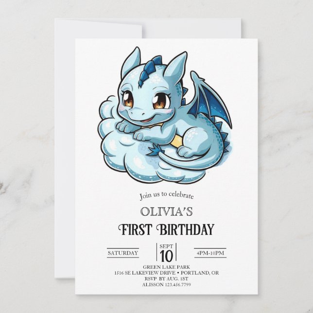 Minimalist Fairytale Digital Dragon 1st Birthday Invitation (Front)