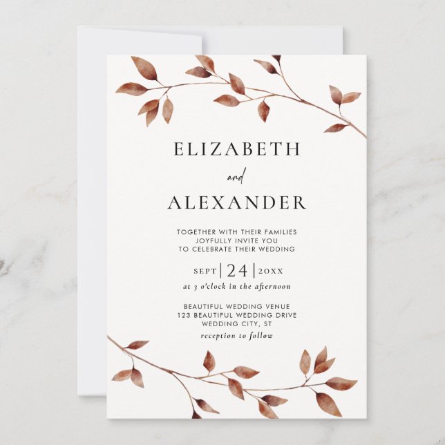 Minimalist Fall Leaves Botanical Wedding Invitation (Front)