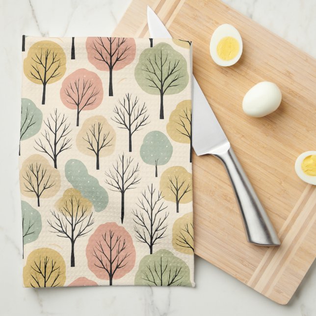 Minimalist Fall Tree Pattern Pastel Autumn Forest Tea Towel (Quarter Fold)
