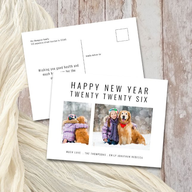 Minimalist Family 2 Photos 2026 Happy New Year Holiday Postcard (Front and back view)