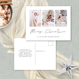 Minimalist Family 3 Photos Merry Christmas Holiday Postcard