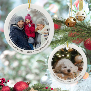 Minimalist Family And Dog Christmas Photo Ceramic Tree Decoration