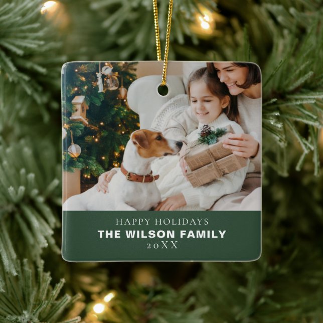Minimalist Family Photo With Pets Christmas Ceramic Ornament (Tree)