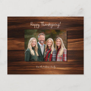 Minimalist Family Photo Wood Casual Script Holiday Postcard
