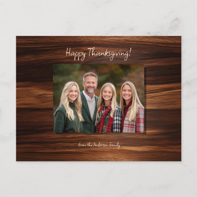 Minimalist Family Photo Wood Casual Script Holiday Postcard (Front)