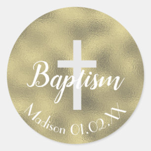 Minimalist Faux Gold Baptism Cross Child's Name Classic Round Sticker