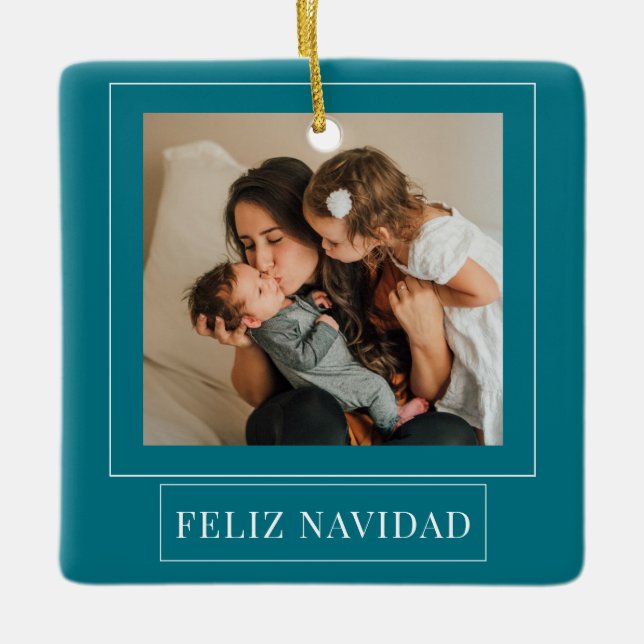 Minimalist Feliz Navidad Teal Christmas Photo Ceramic Ornament (Front)