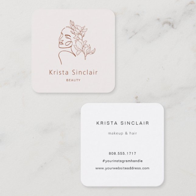 Minimalist Feminine Floral Line Art Logo Square Business Card (Front/Back)