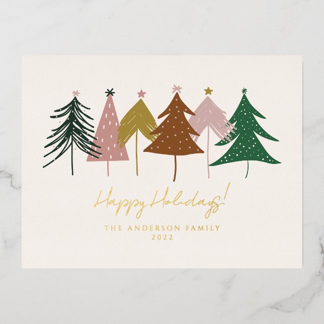 Minimalist Festive Christmas Trees  Foil Holiday Postcard (Front)