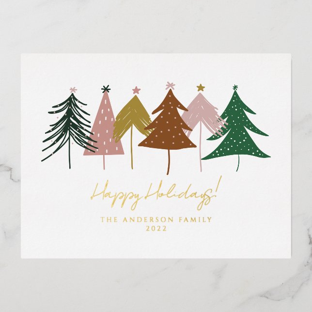 Minimalist Festive Christmas Trees Foil Holiday Postcard (Front)