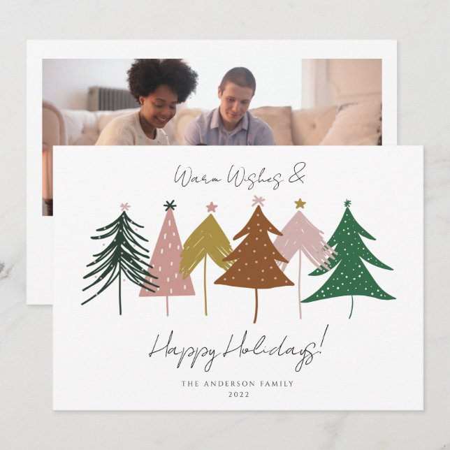 Minimalist Festive Christmas Trees Photo Holiday Card (Front/Back)