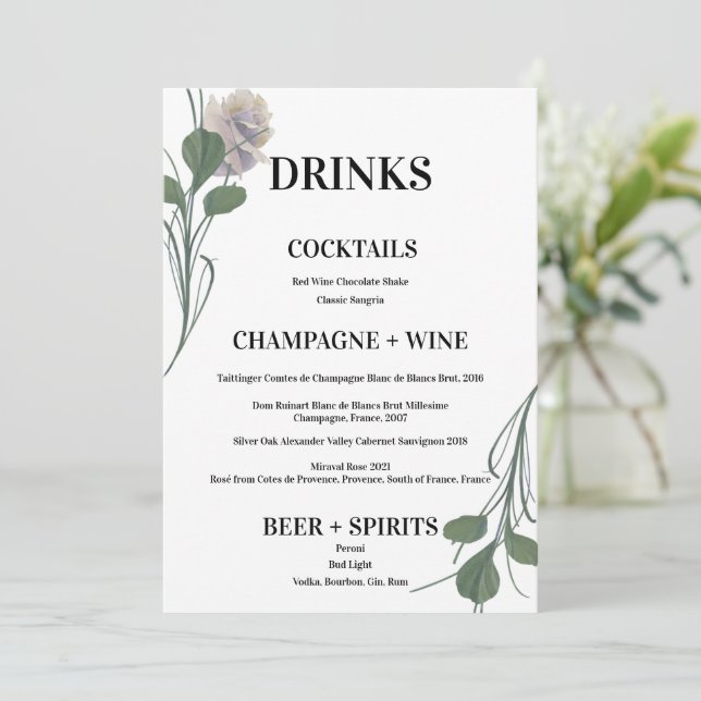 Minimalist Field Flower Wedding Drinks Bar Menu  (Standing Front)