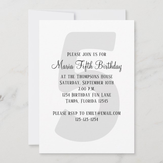 Minimalist Fifth Birthday Gender Neutral Invitation (Front)