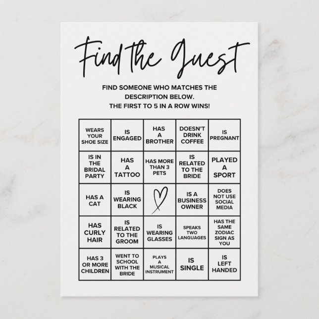 Minimalist Find the Guest Bridal Bingo Game Card (Front)