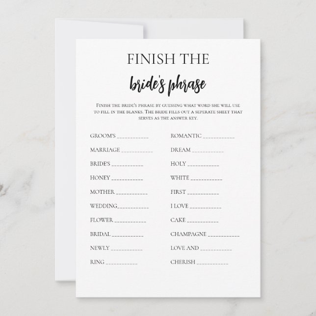 Minimalist Finish the Bride's Phrase Bridal Game  Invitation (Front)