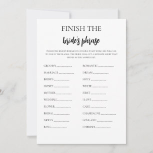 Minimalist Finish the Bride's Phrase Bridal Game  Invitation
