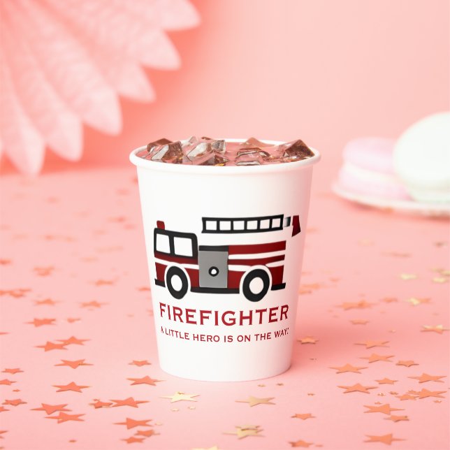 Minimalist Firefighter "Little Hero" Baby Shower Paper Cups (Insitu)