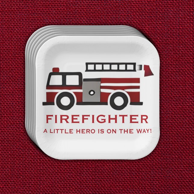 Minimalist Firefighter "Little Hero" Baby Shower Paper Plate (Creator Uploaded)