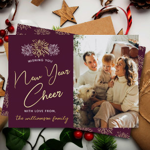Minimalist Fireworks New Year Cheer Photo Real Foil Holiday Card