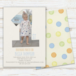 Minimalist First Birthday Simple Cute Dots Photo  Invitation