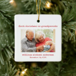 Minimalist First Christmas as Grandparents Photo Ceramic Ornament<br><div class="desc">The new grandparents will love receiving this first christmas as grandparents ornament this holiday season. This ornament features minimalist typewriter text and a photo. The word Grandparents can be changed to "grandpa & grandma" or any wording of your choice. This photo ornament will make the perfect keepsake to celebrate their...</div>