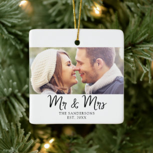 Minimalist First Christmas Newlywed Couple Photo Ceramic Ornament