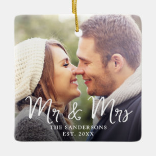 Minimalist First Christmas Newlywed Married Photo Ceramic Ornament