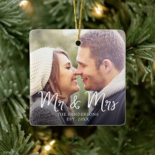 Minimalist First Christmas Newlywed Married Photo Ceramic Ornament