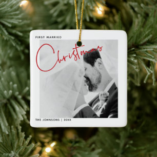 Minimalist First Married Christmas Script Photo Ceramic Ornament