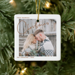 Minimalist First Married Christmas Script Photo Ceramic Ornament