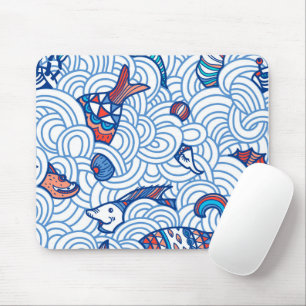 Minimalist Fishes and waves Mouse Mat