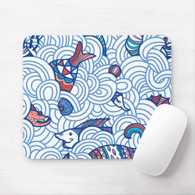 Minimalist Fishes and waves Mouse Mat (With Mouse)