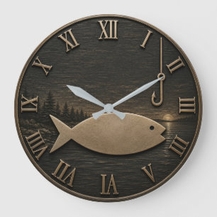 Minimalist Fishing Rustic Fisherman Cabin Gift Large Clock