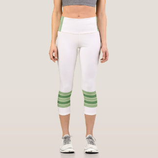 Minimalist, Five Green Retro Stripes, Text White Capri Leggings