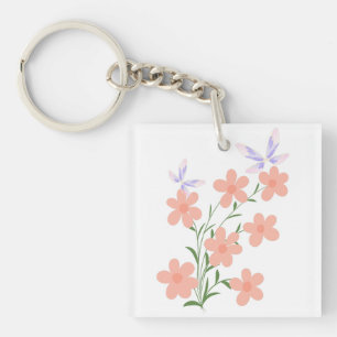 Minimalist Flat Vector Peach Flower Spray  Key Ring