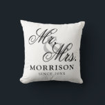Minimalist Flemish Elegant Script Mr and Mrs Cushion<br><div class="desc">Flemish Minimalist Elegant Script Mr and Mrs Throw Pillow. This is a simple and minimalist design style pillow with an elegant flemish custom script,  you can add family name and wedding date,  established year,  etc. This is a perfect gift for newlyweds new home.</div>