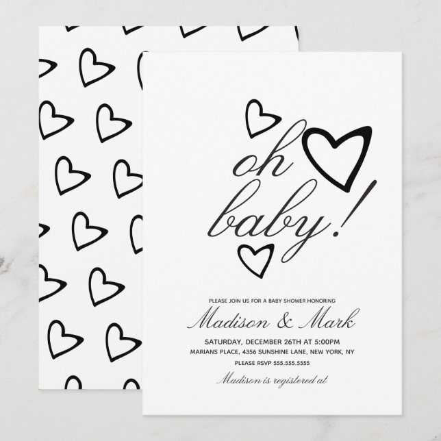 Minimalist Floating Black Hearts Baby Shower Invitation (Front/Back)