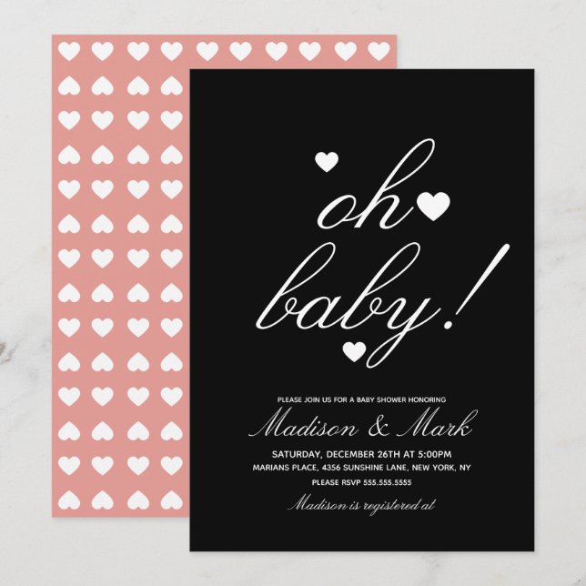 Minimalist Floating Hearts White Black Baby Shower Invitation (Front/Back)