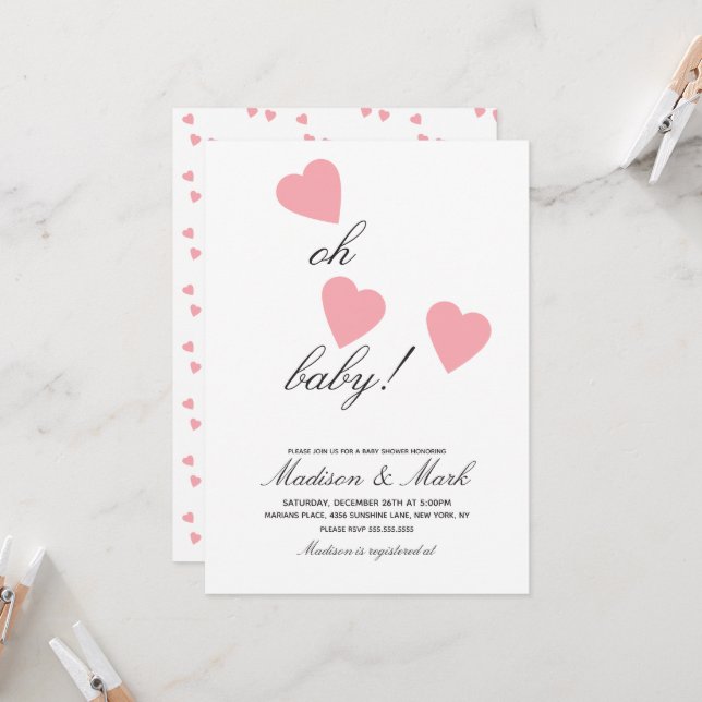 Minimalist Floating Pink Hearts Baby Shower Invitation (Front/Back In Situ)