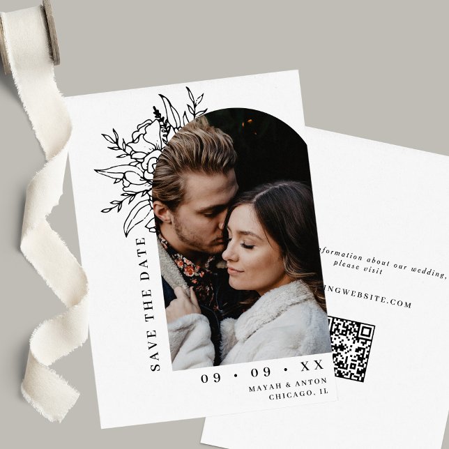 Minimalist Floral Arch Photo Black & White Wedding Save The Date (Creator Uploaded)