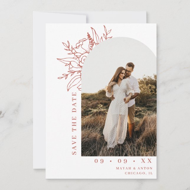 Minimalist Floral Arch Photo Terracotta Wedding Save The Date (Front)