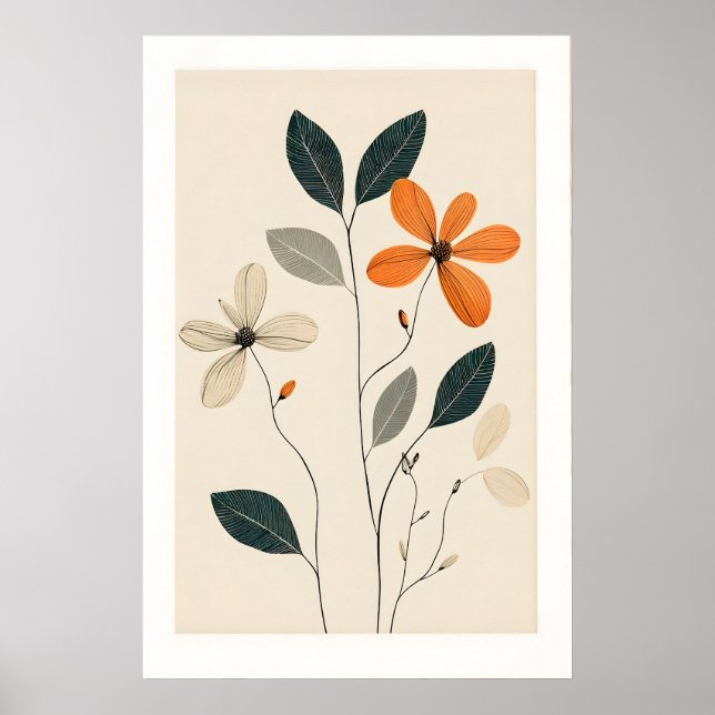 Minimalist Floral Art Print Beige, Green & Orange (Front)