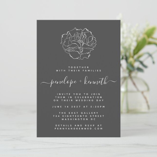 Minimalist Floral Black White Calligraphy Wedding Invitation (Standing Front)