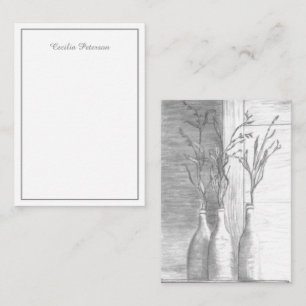 Minimalist Floral Black White Pencil Drawing  Card