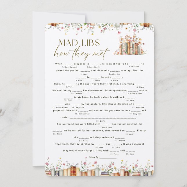 Minimalist Floral Book Theme Mad Libs Bridal Game (Front)