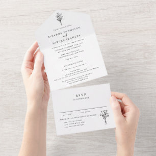 Minimalist Floral Bouquet Line Art Wedding All In One Invitation